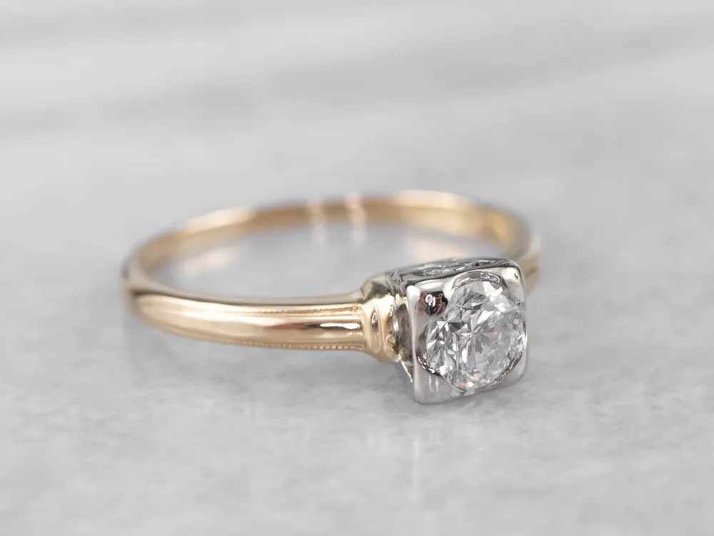 Zware Uitvoering Vintage Diamond Solitaire Engagement Ring Two Tone Gouden