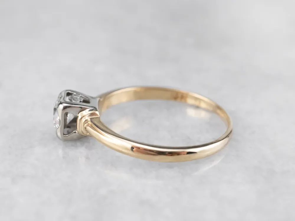 Zware Uitvoering Vintage Diamond Solitaire Engagement Ring Two Tone Gouden