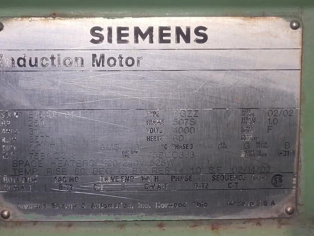 250 hp, 4000 volts, 3577 rpm, 507S Electric Motor CGZZ