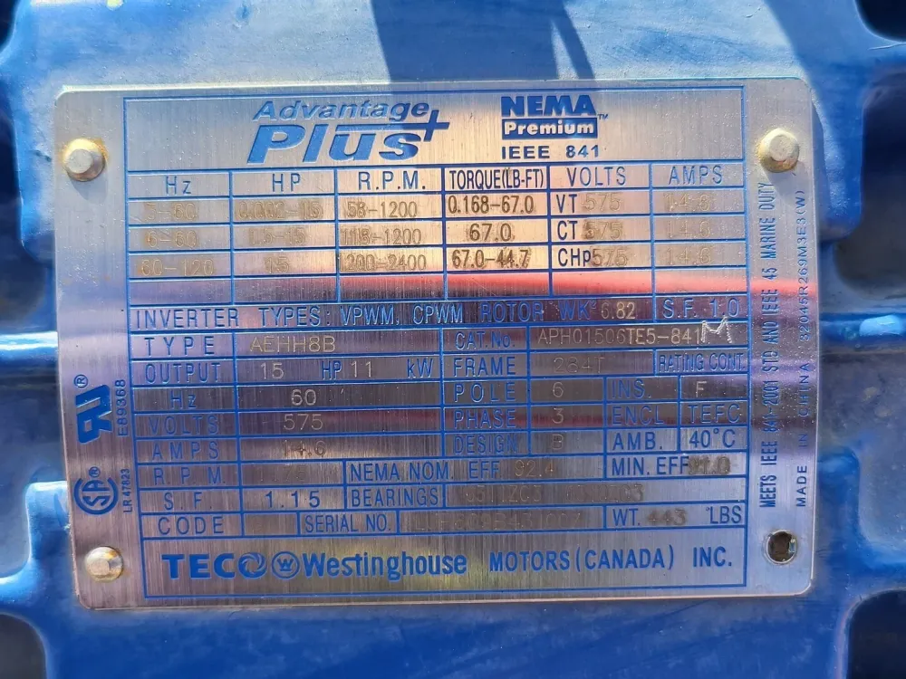 15 hp, 575 volts, 1175 rpm, 284T Electrical Motor APH01506TE5-841M