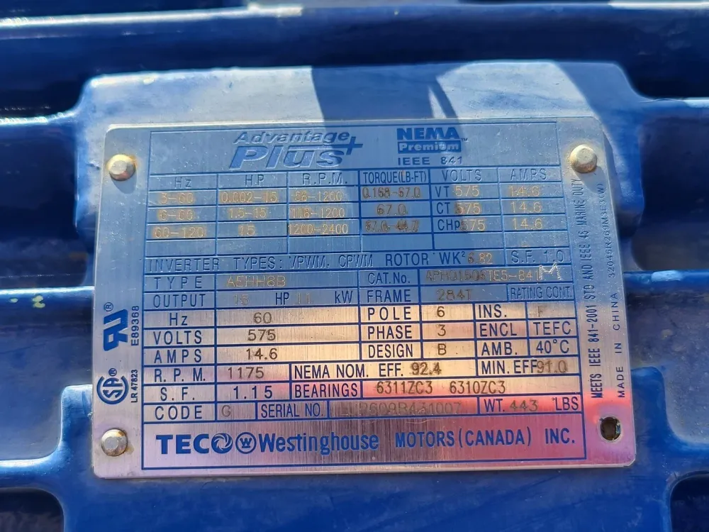 15 hp, 575 volts, 1175 rpm, 284T Electrical Motor APH01506TE5-841M