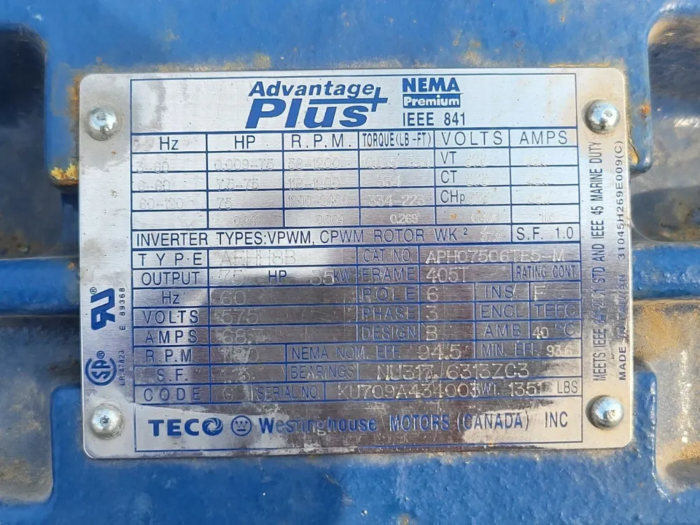 75 hp, 575 volts, 1180 rpm, 405T Electric Motor APH07506TE5-M voor voorportieren