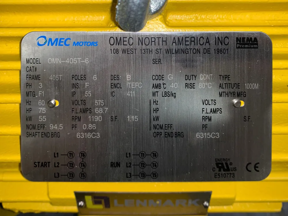 75 hp, 575 volts, 1190 rpm, 405T Electric Motor OMN-405T-6 voor SUV-modellen