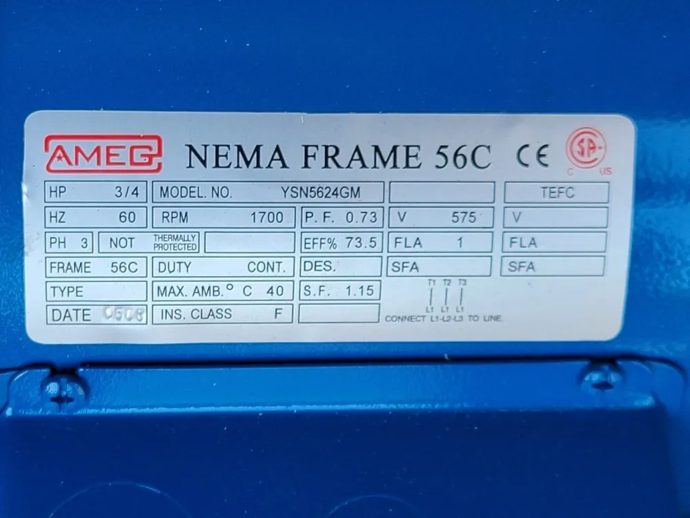 3/4 hp, 575 volts, 1700 rpm, 56C Electric Motor YSN5624GM