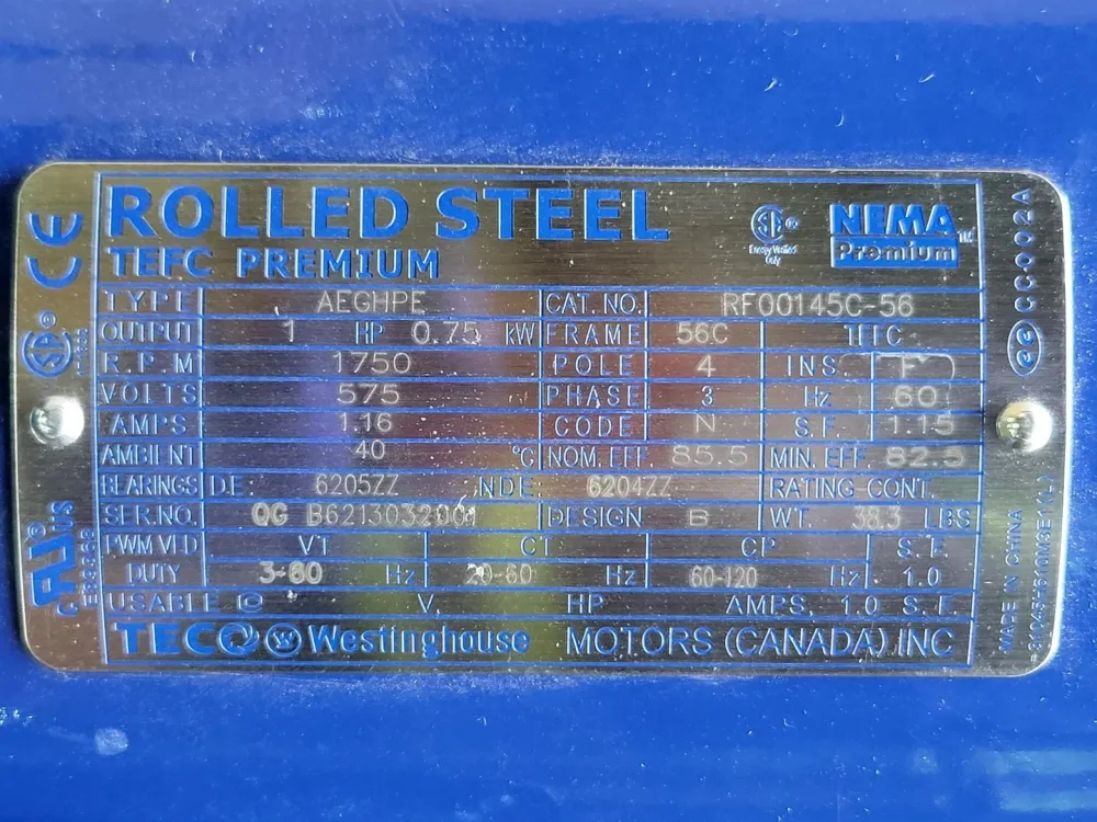 1.0 hp, 575 volts, 1750 rpm, 56C Electric Motor RF00145C-56 gegalvaniseerd staal