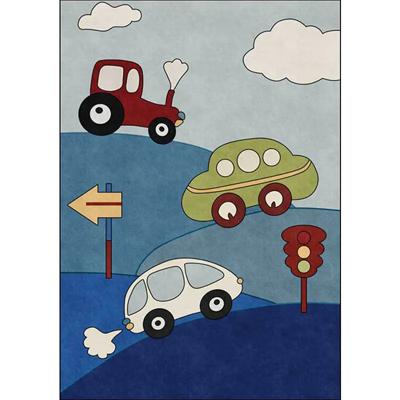 Rubberen Zeeblauw Child's Room Rug Kids Cars & Roads Sign Cloud Pattern Area Rug Polyester Washable Pet Friendly Carpet Blue