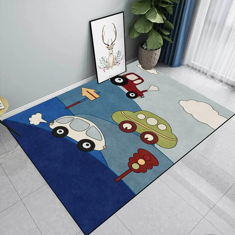 Rubberen Zeeblauw Child's Room Rug Kids Cars & Roads Sign Cloud Pattern Area Rug Polyester Washable Pet Friendly Carpet Blue
