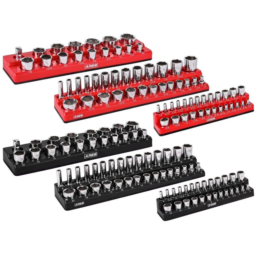 ARES 60057 - 6-Piece Black and Rood Metric and SAE Magnetic Socket Organizer Set
