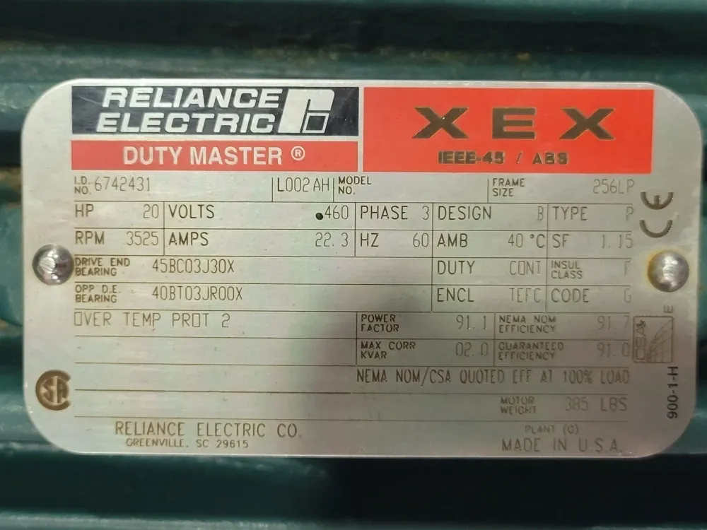 20 hp, 460 Volts, 3526 Rpm, 256LP AC Motor XEXIEEE-45