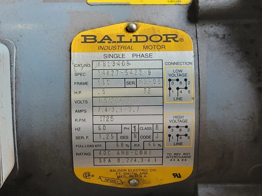 0.5 hp, 115/208-230 volts, 1725 rpm, 56C Electric Motor KBL3409