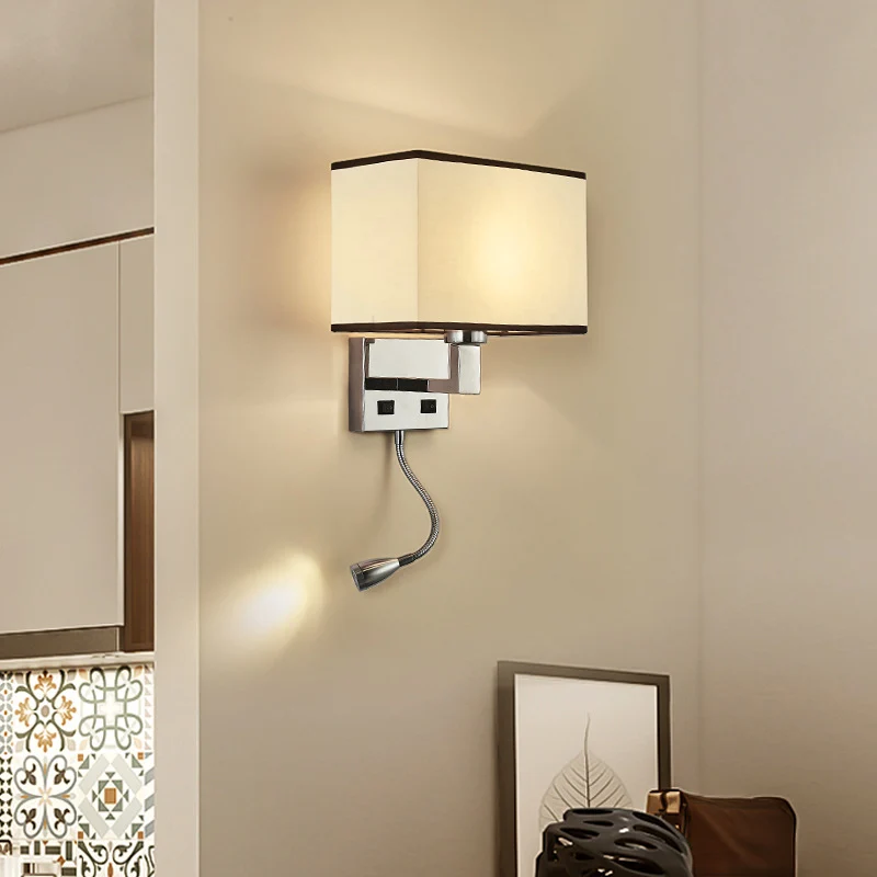 Fabric Cuboid Wall Light Kit Eenvoudig 1-Light White/Beige Spotlight Sconce Lamp Charging Port Beige