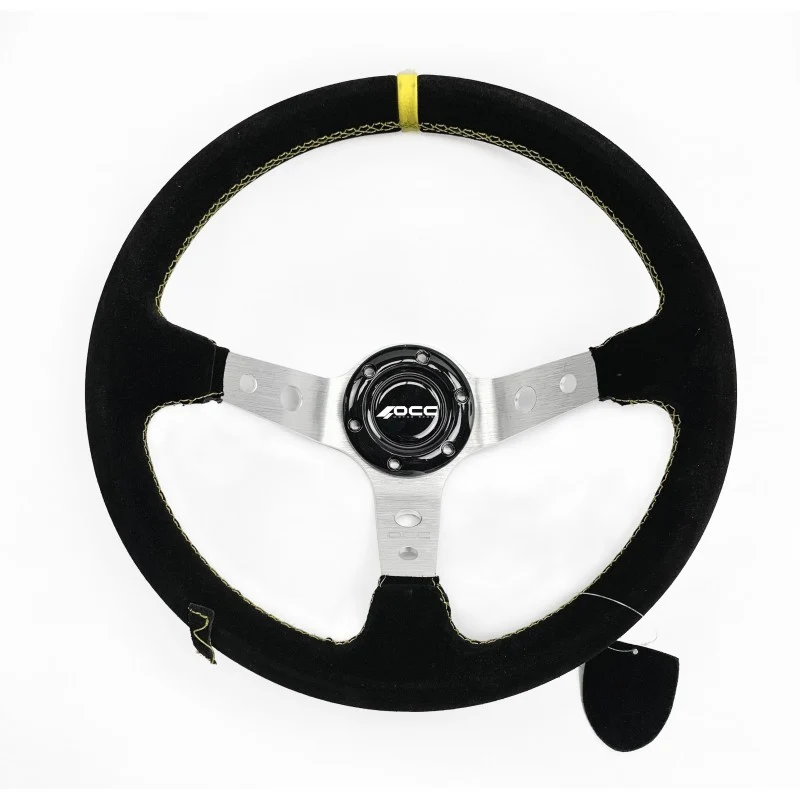 VOLANTE DESPLAZADO + PIÑ / CONO VOLANTE MOD. TRACK PIEL VUELTA BRAZOS PLATA OCC MOTORSPORT met complete hardware-set