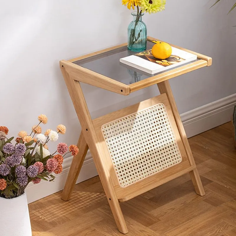 Modern Style Van bamboe Rattan Material Glass Desktop Rectangular Side Table zwarte mesh-uitvoering 18l