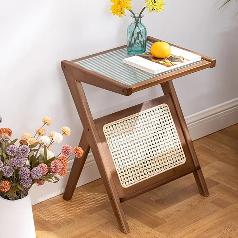Modern Style Van bamboe Rattan Material Glass Desktop Rectangular Side Table zwarte mesh-uitvoering 18l