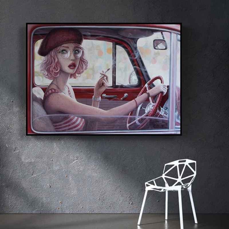 Rood meisje rijden auto schilderij getextureerd oppervlak traditionele eetkamer kunst aan de muur - Directe Montage