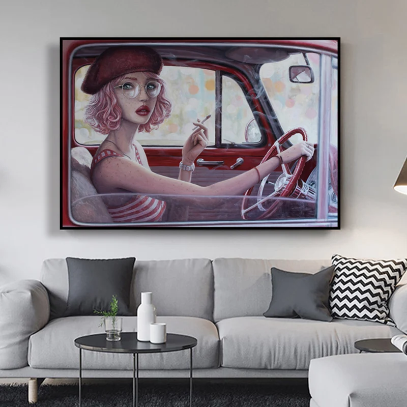 Rood meisje rijden auto schilderij getextureerd oppervlak traditionele eetkamer kunst aan de muur - Directe Montage