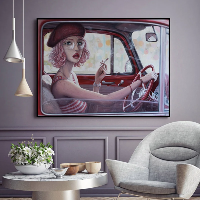 Rood meisje rijden auto schilderij getextureerd oppervlak traditionele eetkamer kunst aan de muur - Directe Montage