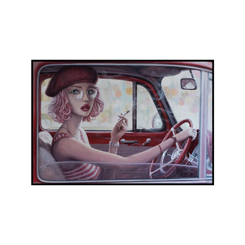 Rood meisje rijden auto schilderij getextureerd oppervlak traditionele eetkamer kunst aan de muur - Directe Montage