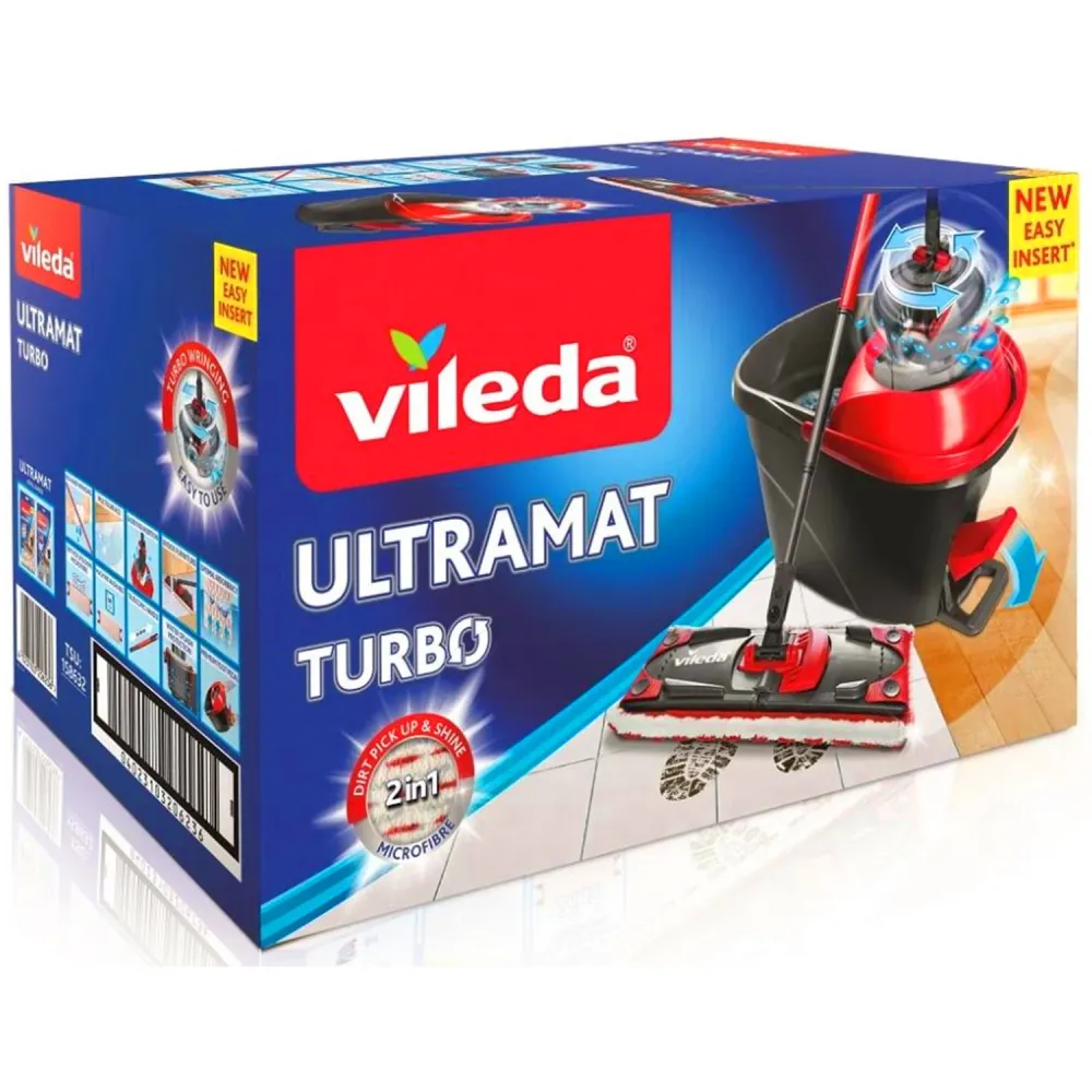 Vileda 163425 Vileda Ultramat Turbo Flat Mop Bucket Set Zacht weefsel Head Cloan Floor 2in1