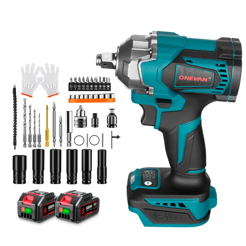 Metaal Vorm ONEVAN 1/2" 1200N·m Brushless Oplaadbaar Impact Wrench Set – 44-Piece Kit | Makita 18V Battery Blue