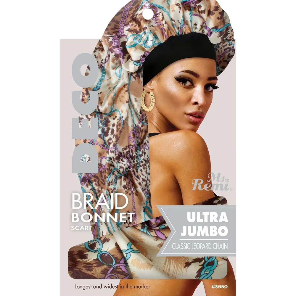 Ms. Remi Deco Silky Wide Edge Braid Bonnet Ultra Supergroot, 1 Piece Sleep Cap, Leopard Chain Pattern Classic