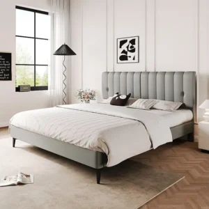 Gestoffeerd bed 140 x 200 cm met hoofdeinde - PU leer - Afneembare rugleuning - Grijs