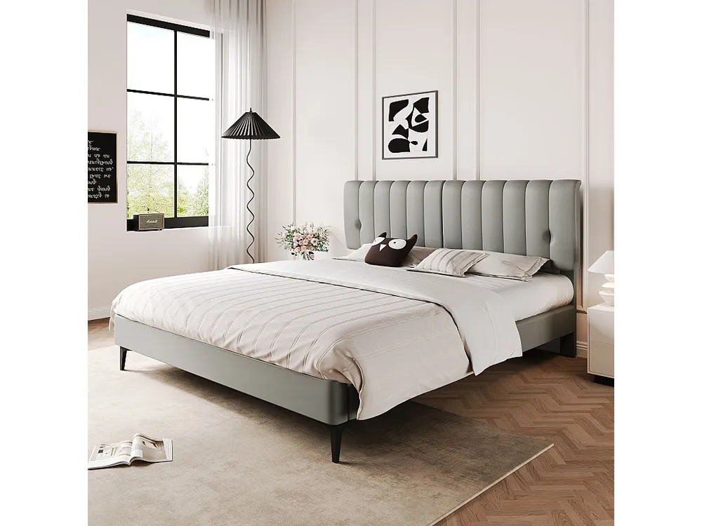 Gestoffeerd bed 140 x 200 cm met hoofdeinde - PU leer - Afneembare rugleuning - Grijs