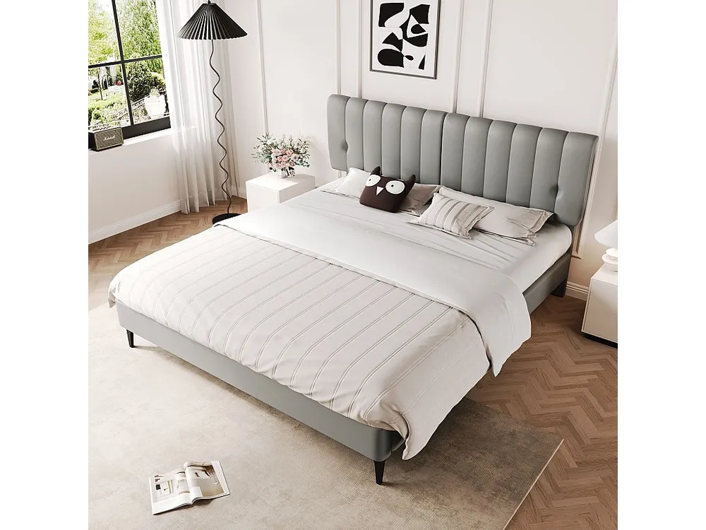 Gestoffeerd bed 140 x 200 cm met hoofdeinde - PU leer - Afneembare rugleuning - Grijs