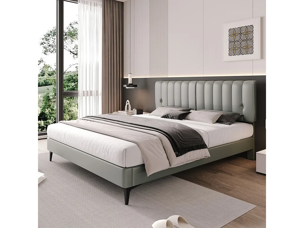 Gestoffeerd bed 140 x 200 cm met hoofdeinde - PU leer - Afneembare rugleuning - Grijs
