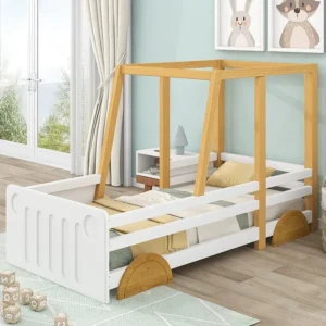 Lit enfant 90 x 200cm - avec roulettes MDF, cadre pin, sommier à lattes, lit voiture enfant - Naturel + Blanc | E-gekeurd...