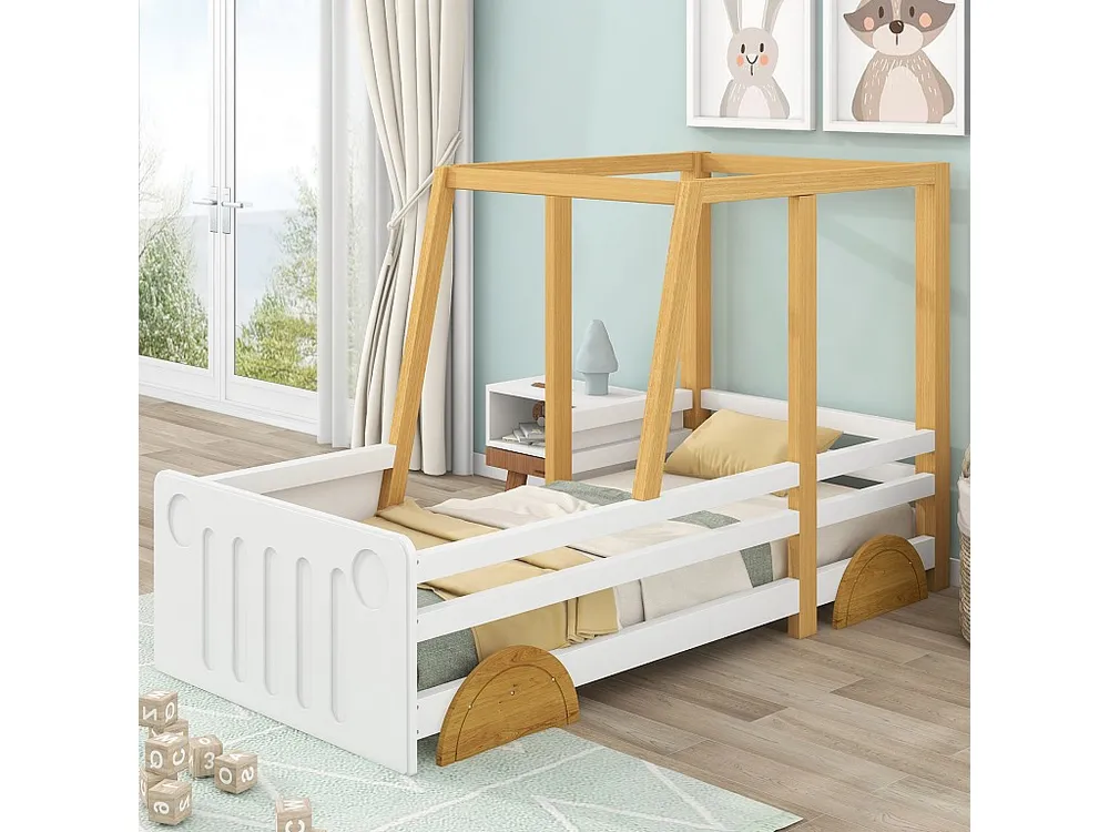 Lit enfant 90 x 200cm - avec roulettes MDF, cadre pin, sommier à lattes, lit voiture enfant - Naturel + Blanc | E-gekeurd...