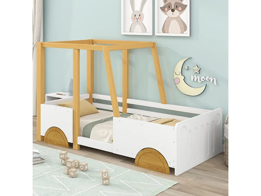 Lit enfant 90 x 200cm - avec roulettes MDF, cadre pin, sommier à lattes, lit voiture enfant - Naturel + Blanc | E-gekeurd...