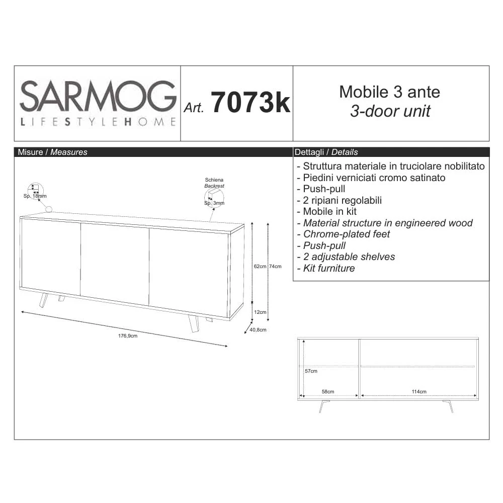 3-Door Push-Pull Mobile Media Ebbenhout Oxide Structure Finish / White Oxide Front Finish Sarmog