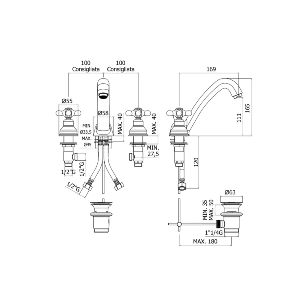 3-hole basin faucet automatic drain Paffoni Viola series - Metaalglans - Set voor vooras