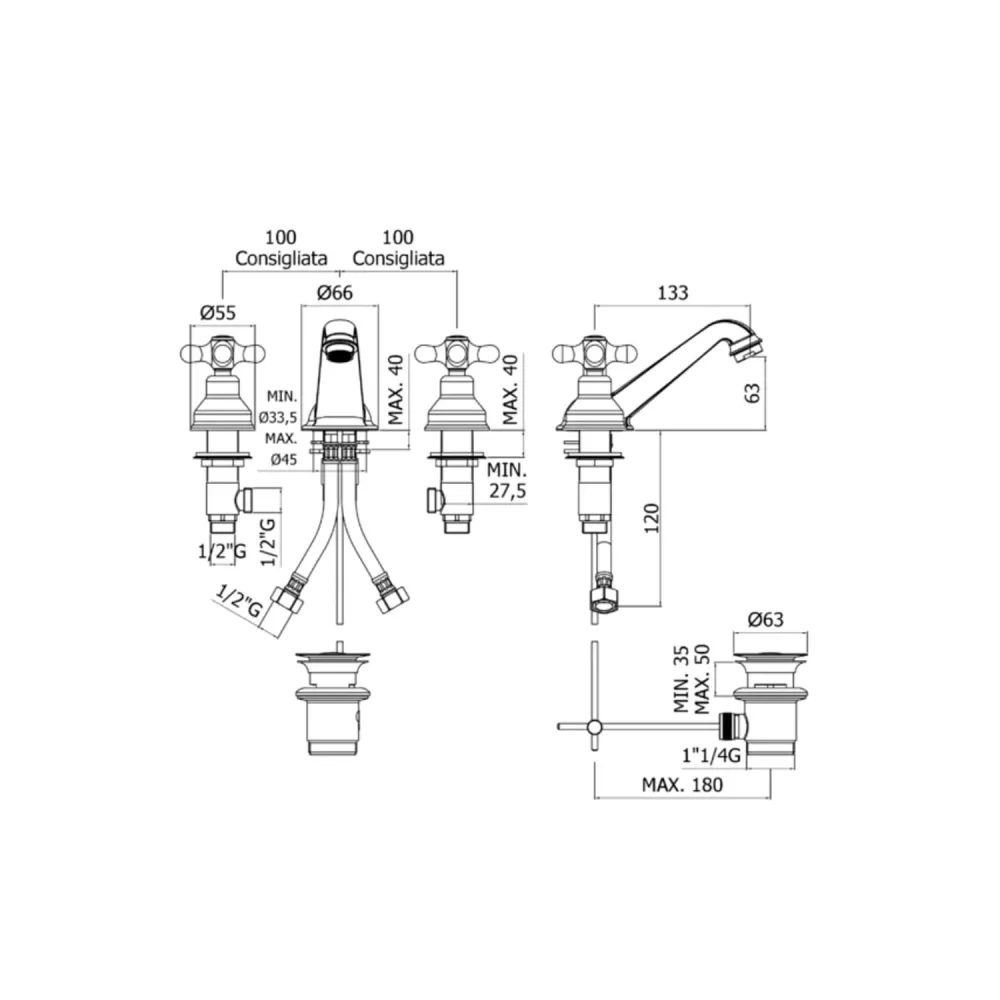 3-hole basin faucet automatisch drain Paffoni Viola series - Ramato