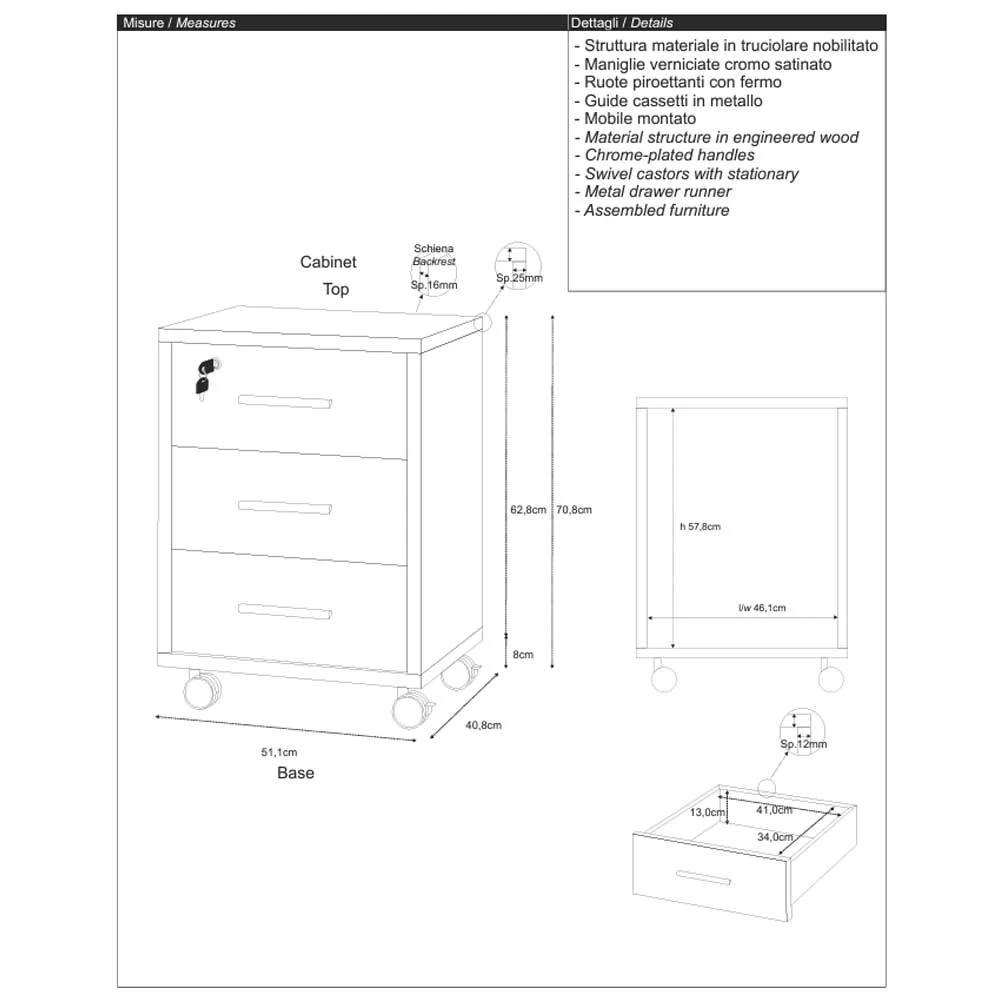 Office trolley three drawers and lock, cement structure finish / cement front finish Sarmog zwarte poedercoating