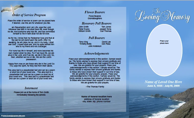 Shoreline Trifold Funeral Brochure Template met TÜV-goedkeuring Legal