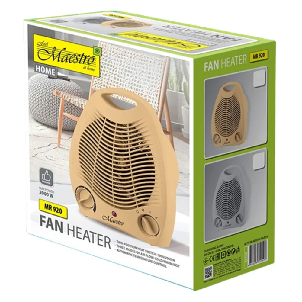 Maestro MR-920 Elektrische ventilatorkachel 2000W Drie werkingsmodi Warme en koude ventilator Handgreep Natuurtint
