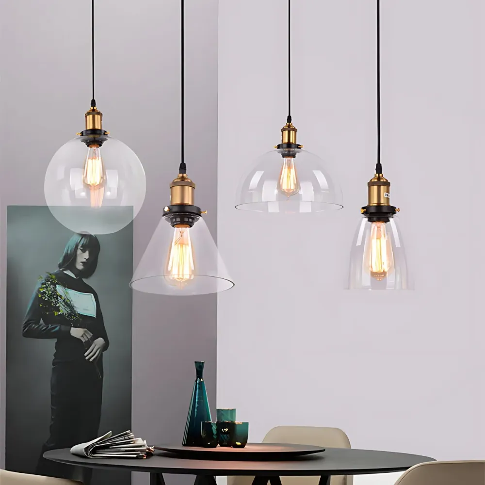 4-lichts meervoudige hanglamp met verschillende lampenkappen, moderne clusterhanger van glanzend glas, verouderd messing,...