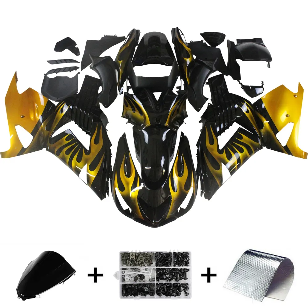 Amotopart 2006-2011 Kawasaki ZX14R zwart met gele vlambeurskit