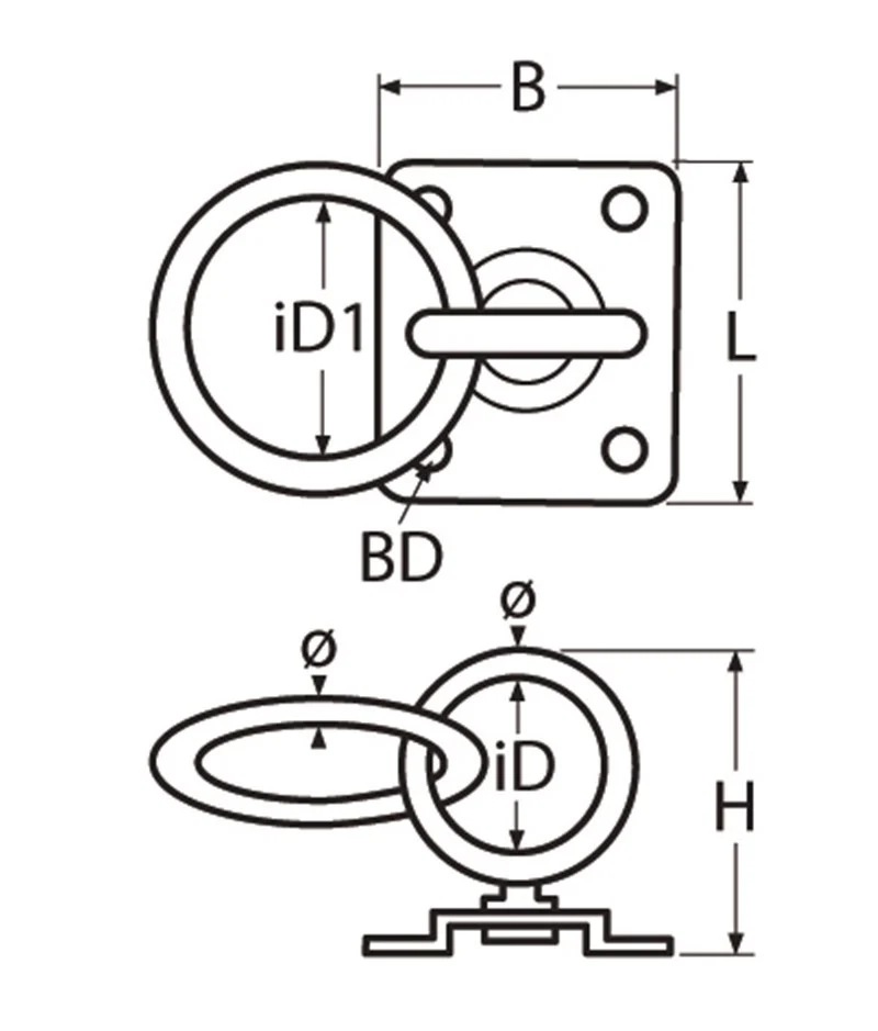 Marinetech Warteloog met Ring 8mm en rechthoekige grondplaat 50x50 mm