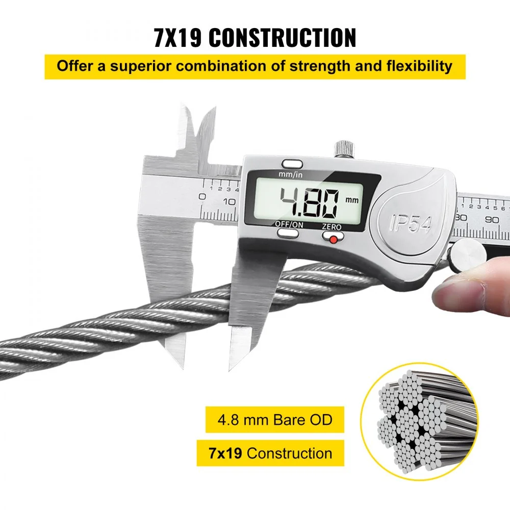 VEVOR 304 roestvrijstalen kabel 4,8 mm 7x19 staaldraad 76 m staalkabel staalkabel staalkabel voor balustrades, terrasplank...