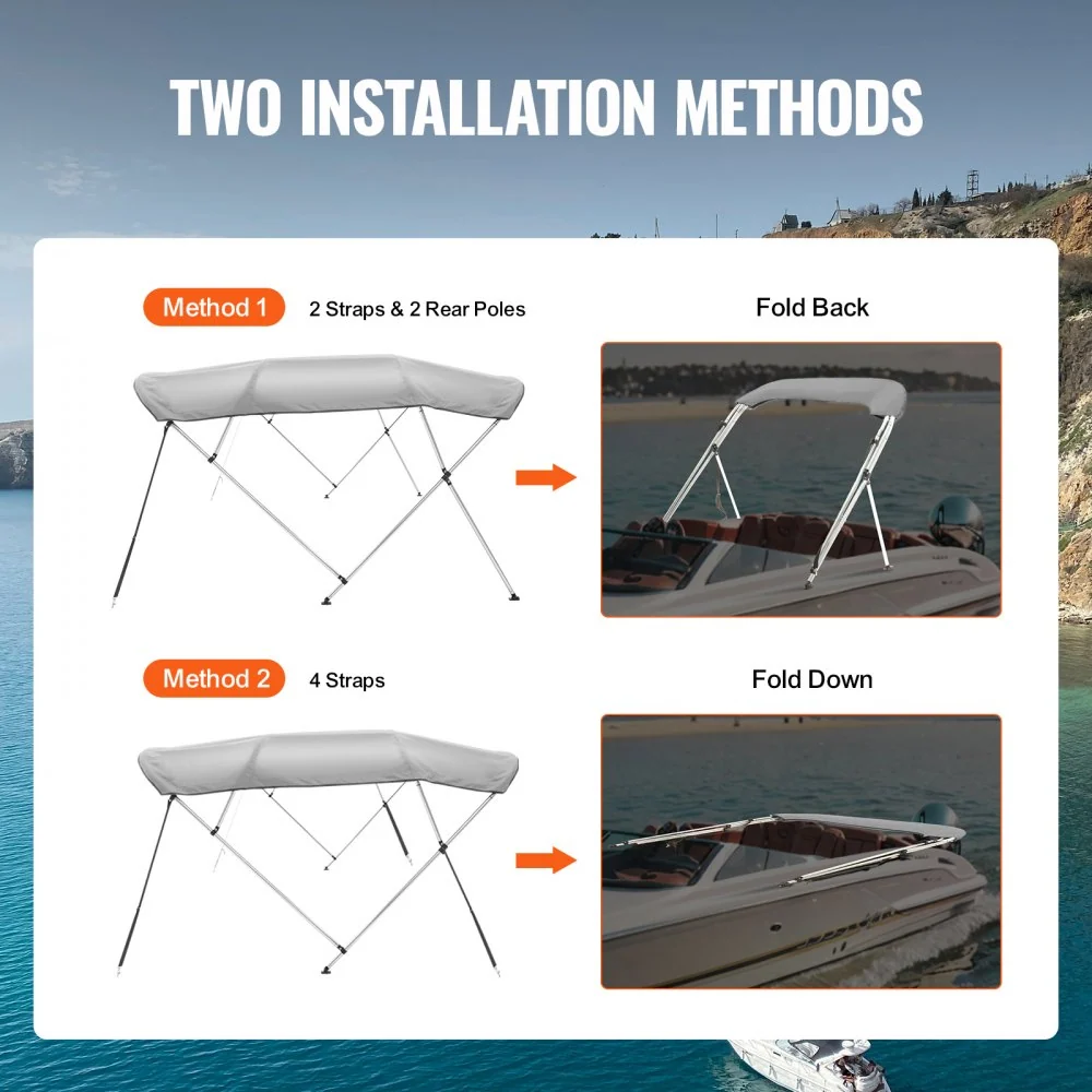 VEVOR 4 boog Bimini-top afdekzeil, 2310-2440 mm installatiebreedte 900D polyester luifel met frame van aluminiumlegering,...