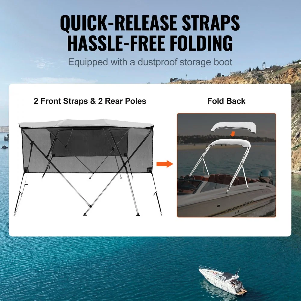 VEVOR 4 boog Bimini-top bootafdekking, 200-213 cm installatiebreedte 600D polyester luifel, bootluifel met verwijderbare m...