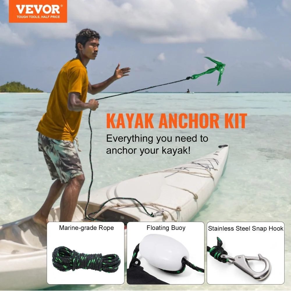 VEVOR Kajakankerset, 3,5 lbs paddleboard-ankerset met 8 m touw en boei, opvouwbaar anker voor kleine boten met opbergtas e...