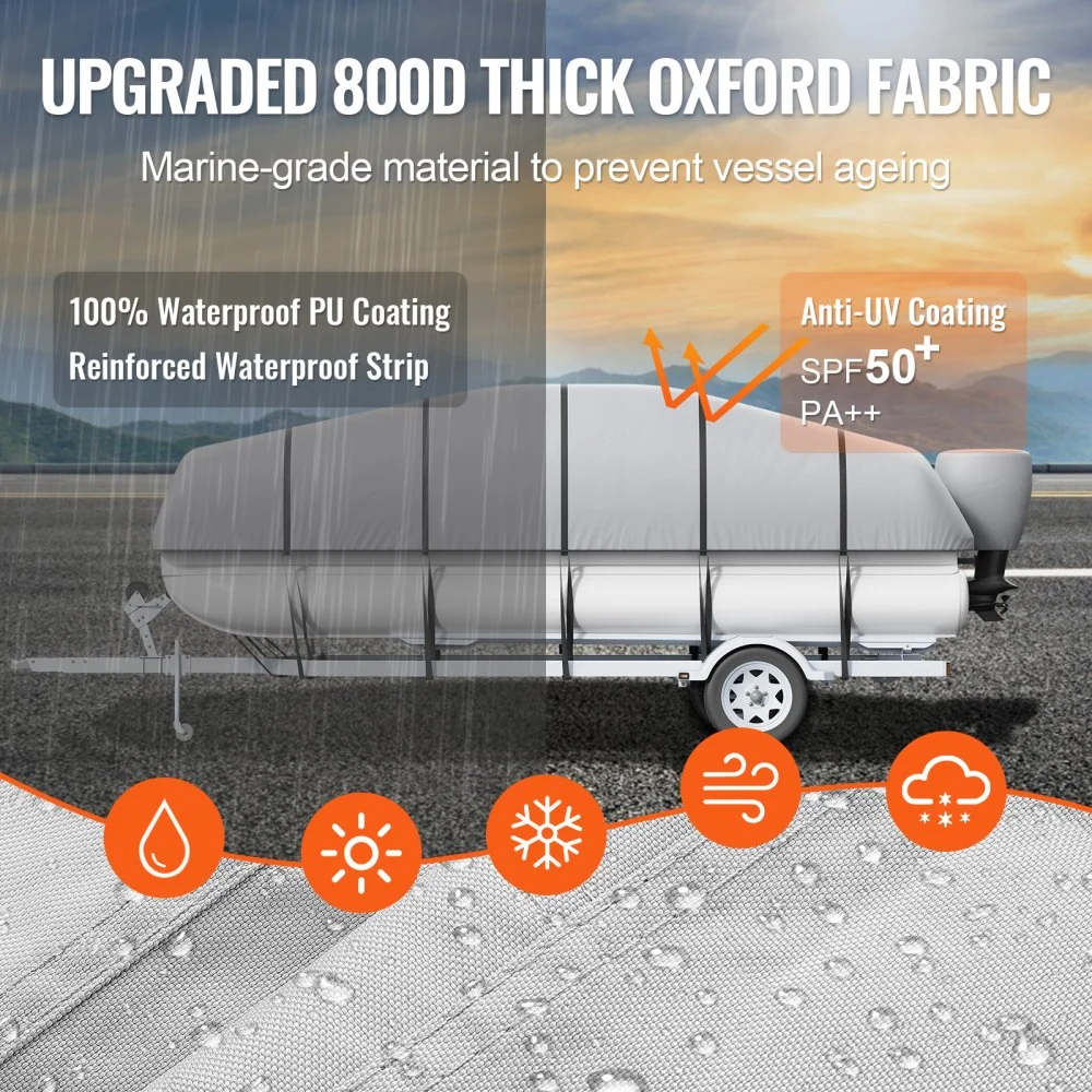 VEVOR pontonboothoes, 220-240" waterdichte trailerbare pontonhoes, 800D Marine Grade PU Oxford-stof, met motorhoes, 16 win...