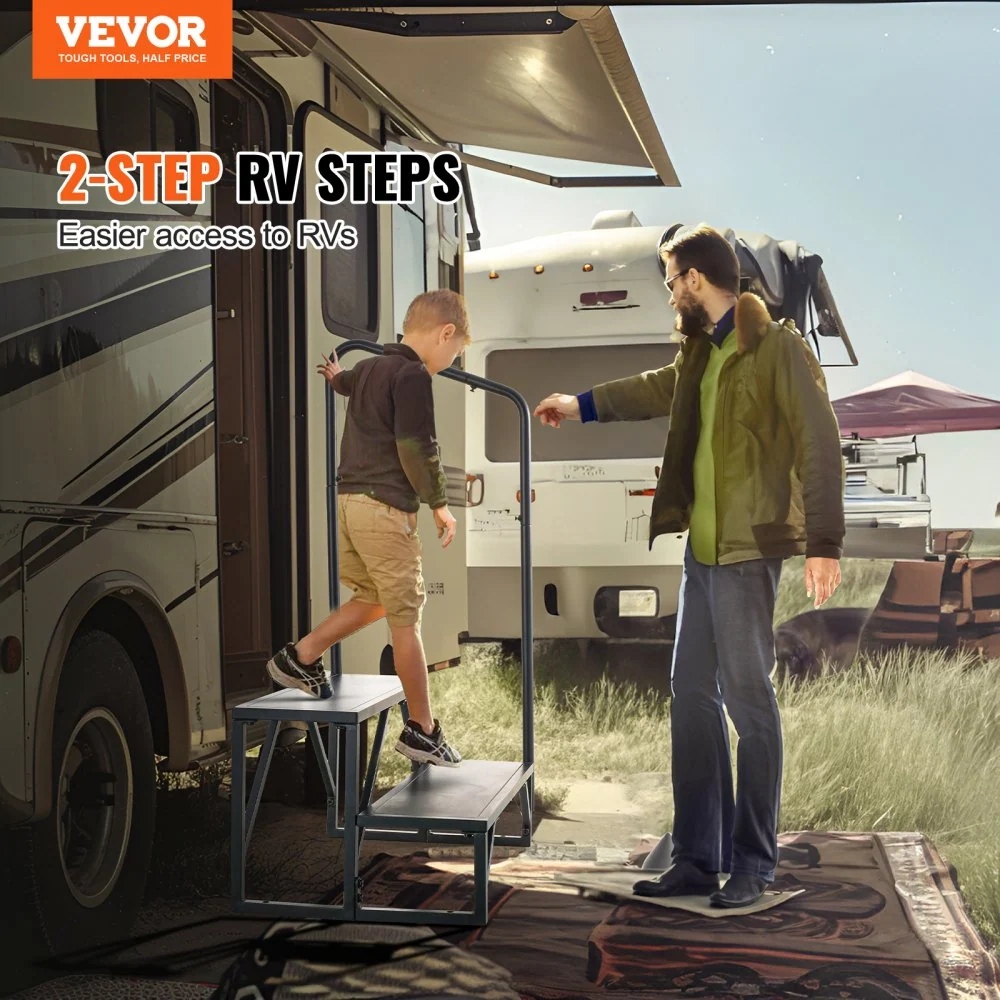 VEVOR RV-trappen, 2 treden voor campers, draagvermogen van 200 kg, verdikt koolstofstaal met leuning, antislip treden voor...