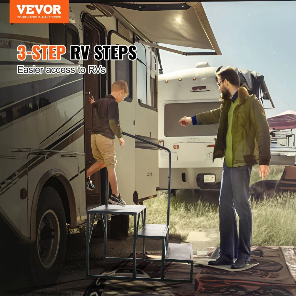 VEVOR RV-trappen, 3 treden voor campers, draagvermogen van 200 kg, verdikt koolstofstaal, met leuning, antisliptreden voor...
