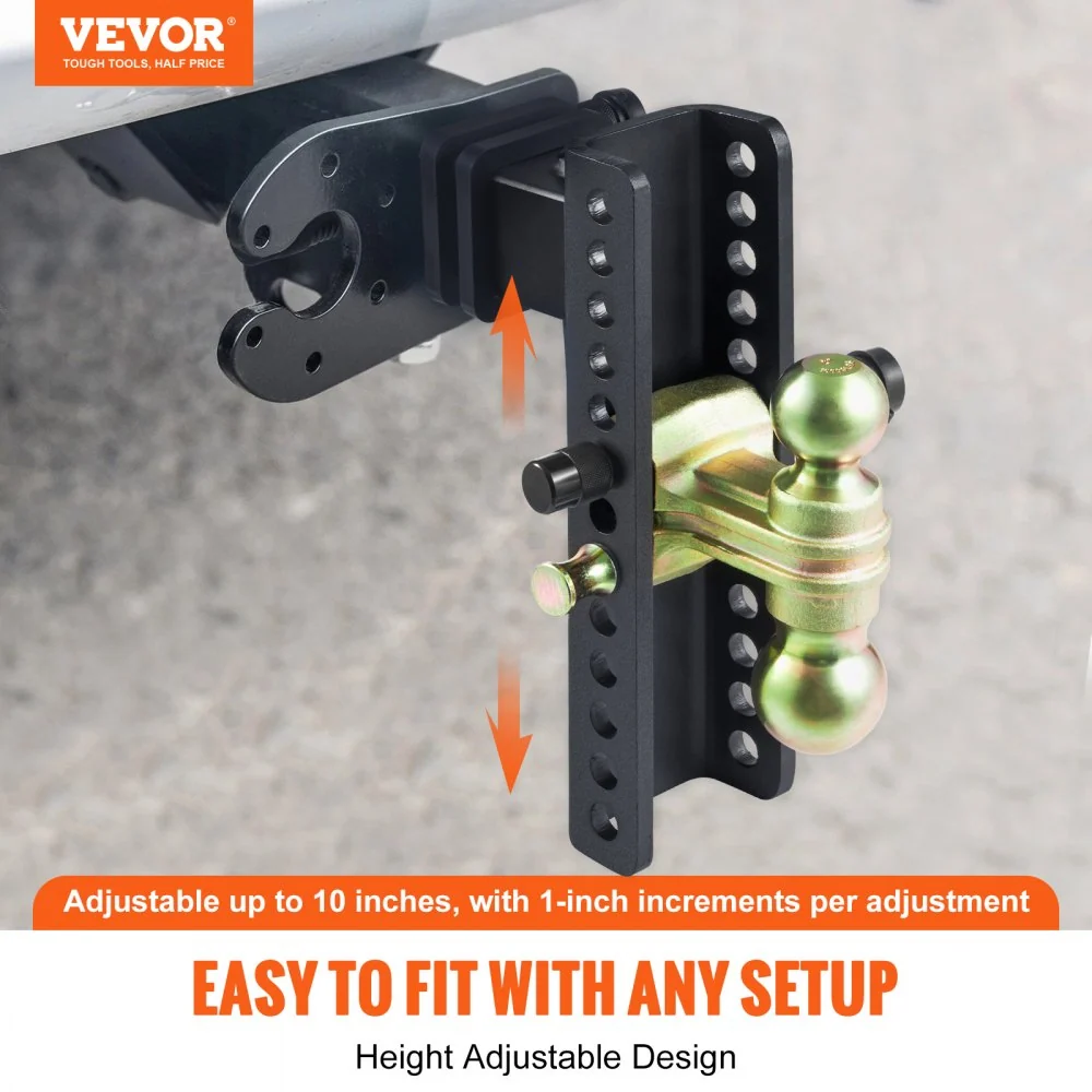 VEVOR trekhaak, 10" drop en 8,5" rise, kogelmontage met 2,5" massieve ontvangerbuis, 14.500 lbs GTW, 2" en 2-5/16" 45# sta...