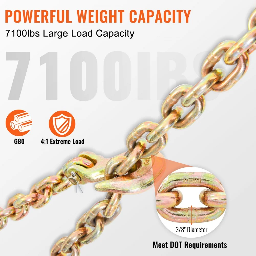 VEVOR trekketting 9,53 mm x 6 m transportketting 3220 kg draagvermogen G80 transportbinderketting stalen bosbouwketting st...